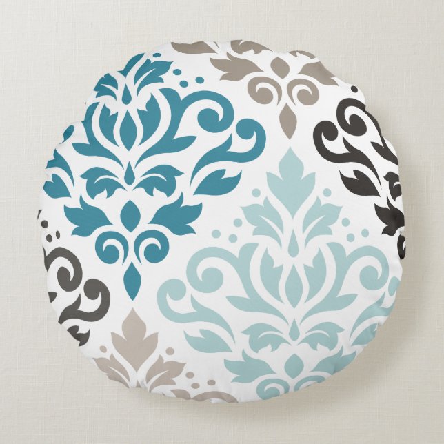 Scroll Damask Offset PDF Kunst Tees Browns White Rundes Kissen (Vorderseite)