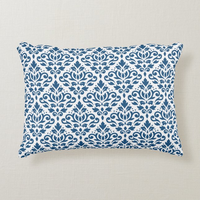 Scroll Damask PDF Blue auf Weiß Zierkissen (Vorderseite)