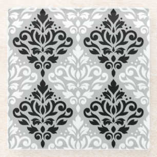 Scroll Damask Ptn B&W auf Grau Glasuntersetzer