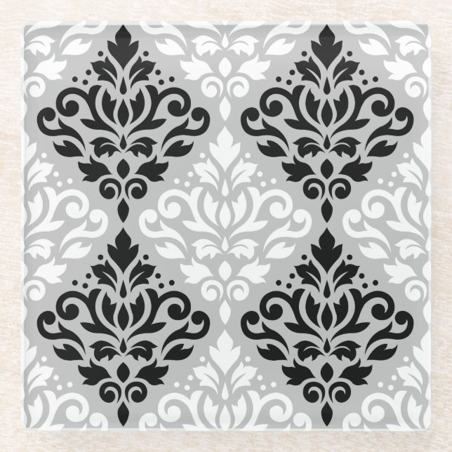 Scroll Damask Ptn B&W auf Grau Glasuntersetzer (Vorderseite)