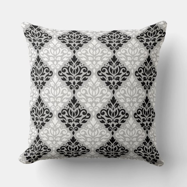Scroll Damask Ptn B&W auf Grau Kissen (Vorderseite)