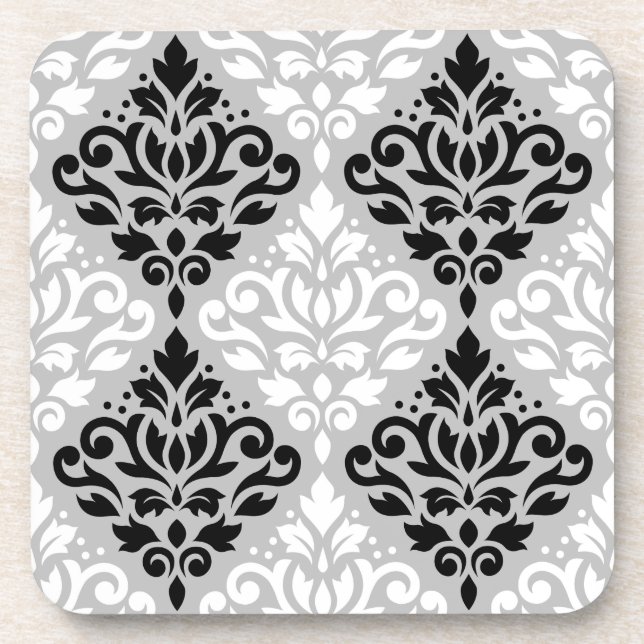 Scroll Damask Ptn B&W auf Grau Untersetzer (Vorderseite)