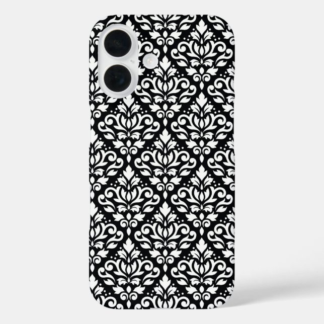 Scroll Damask White auf schwarzem Muster iPhone 16 Hülle (Rückseite)