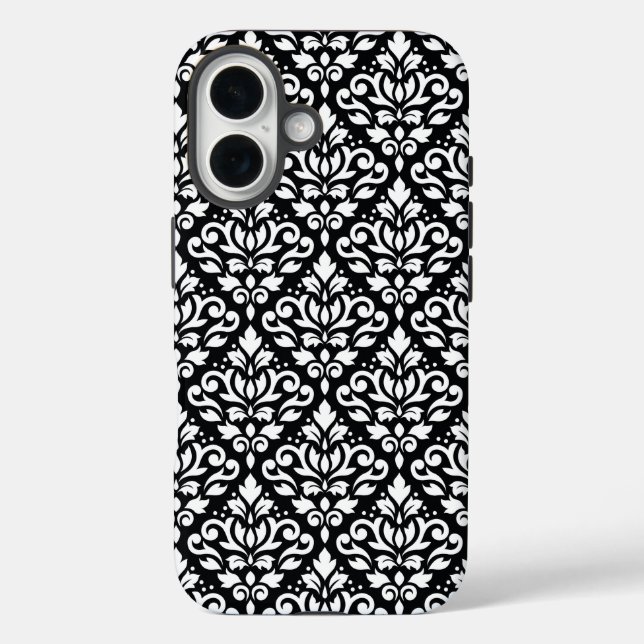 Scroll Damask White auf schwarzem Muster iPhone 16 Hülle (Rückseite)