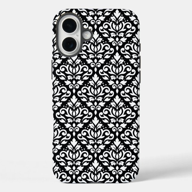 Scroll Damask White auf schwarzem Muster iPhone 16 Plus Hülle (Rückseite)