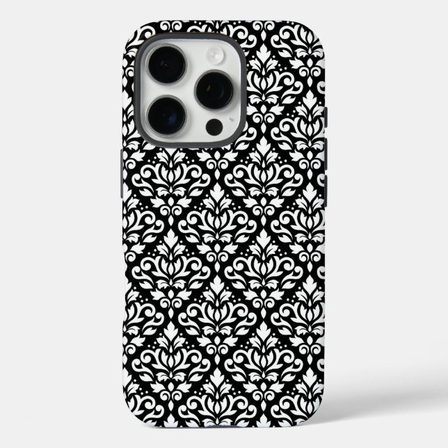 Scroll Damask White auf schwarzem Muster iPhone 16 Pro Hülle (Rückseite)