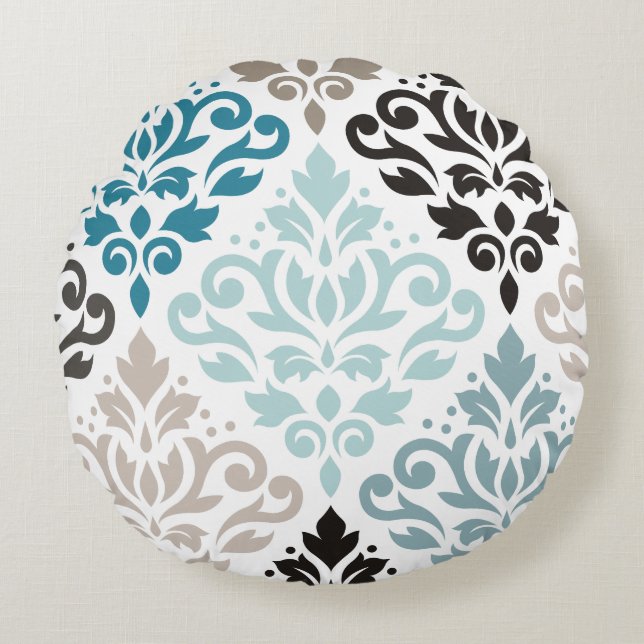 Scroll Damask XLg Muster Teals Browns White Rundes Kissen (Vorderseite)