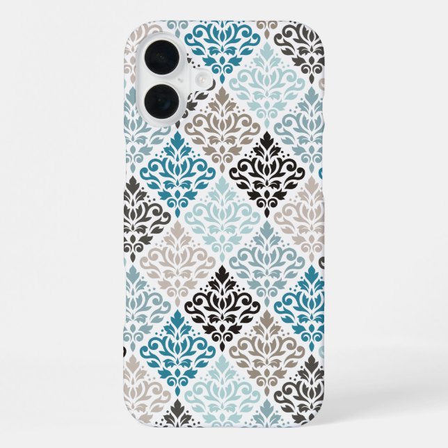 Scroll-Damaskenmuster Teals Braun Weiß iPhone 16 Plus Hülle (Rückseite)