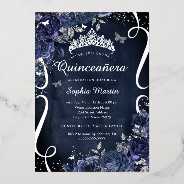 Scroll Floral Butterfly Elegante Marine Quinceaner Folieneinladung (Vorderseite)
