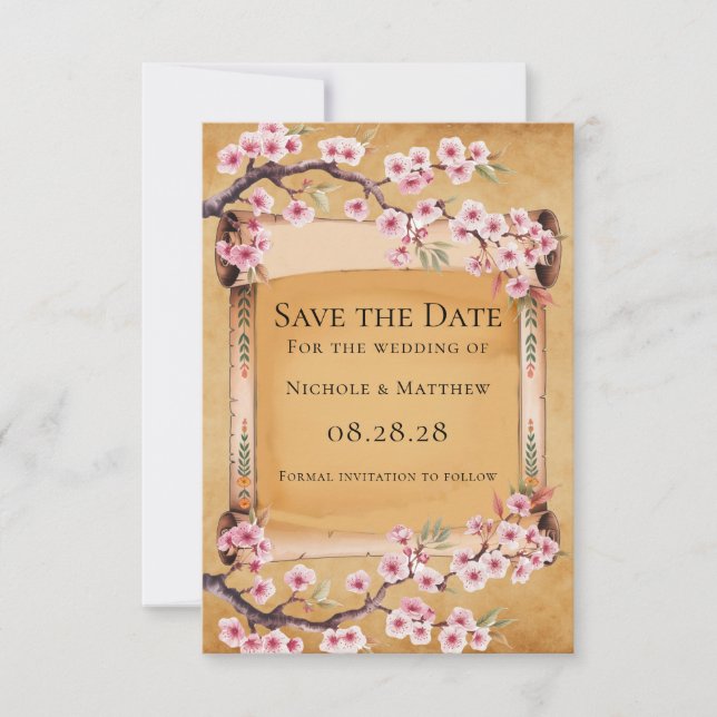 Scroll Japanese Cherry Blossom Wedding Save The Date (Vorderseite)