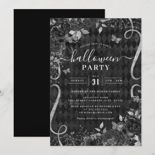 Scroll Schwarz Dunkle Gruselige Florale Halloween- Einladung