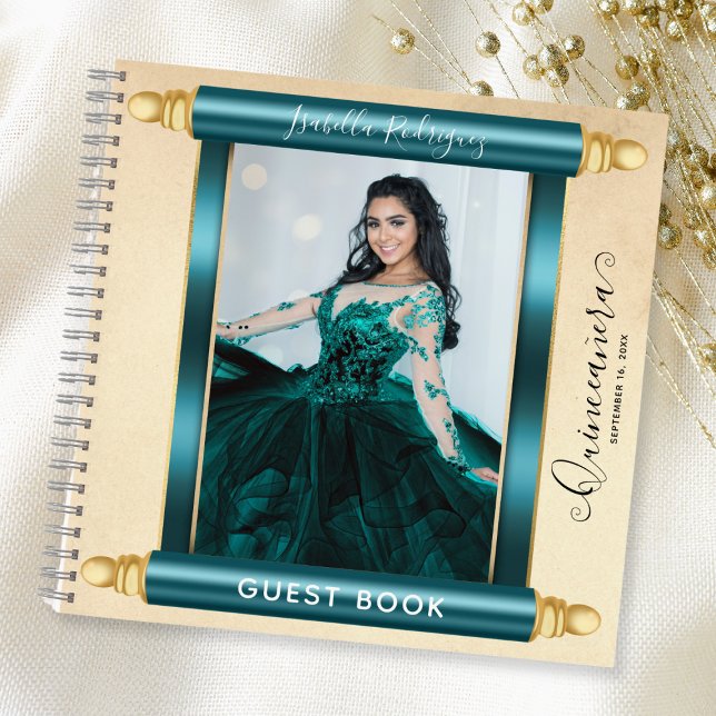 Scroll turquoise Photo Budget Quinceañera Livre d' (Teal Scroll Photo Budget Quinceañera Guest Book)