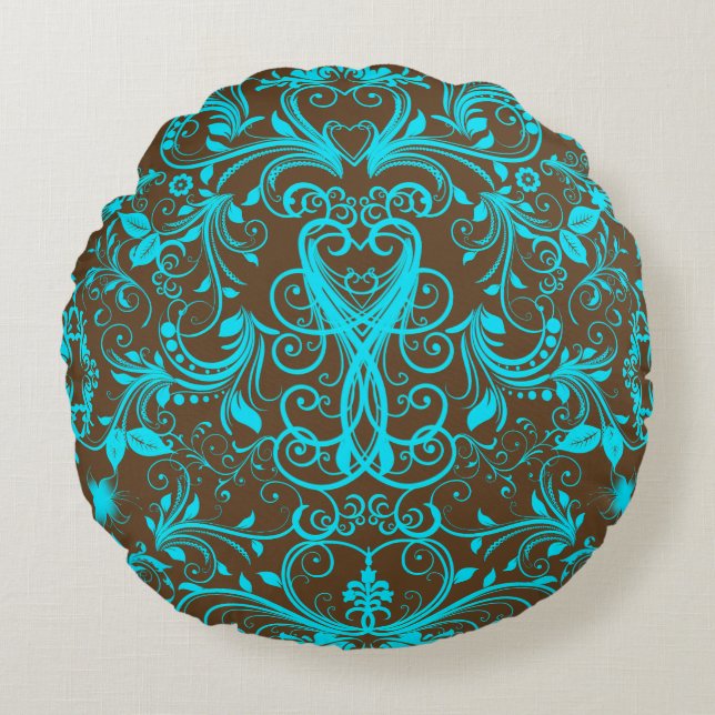 Scroll Work, Aqua Blue Round Throw Kissen (Vorderseite)