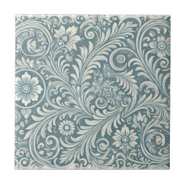 Scrolling Damask Pattern in Soft Blue und Ivory Fliese