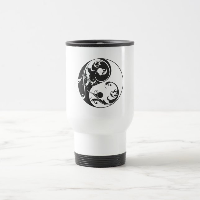 Scrolling Yin & Yang (schwarz) Reisebecher (Mittel)