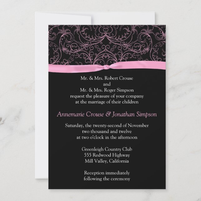 Scrolls roses et Faire-part de mariage de ruban (Devant)