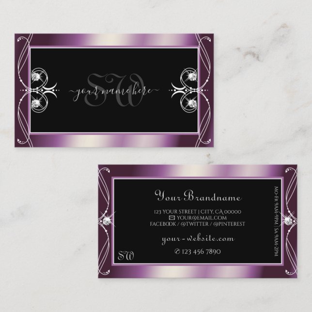 Scrollwork Black Lila Sparky Diamonds Monogram Visitenkarte (Vorne/Hinten)