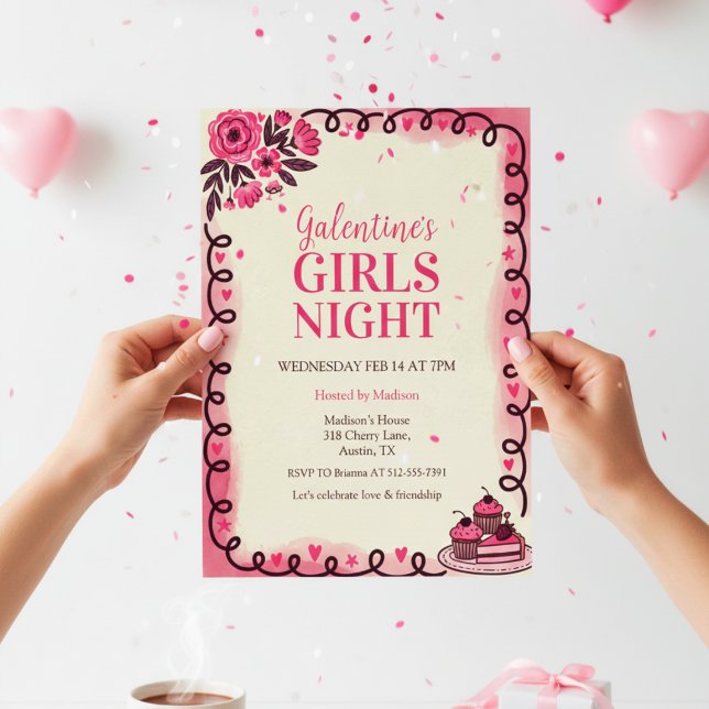 Scrollwork Border Galentine's Invitation Einladung (Watercolor Party Invite)