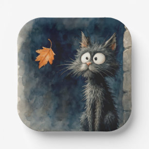Scruffy Black Alley Cat mit Herbstleaf Pappteller