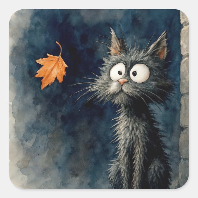 Scruffy Black Alley Cat mit Herbstleaf Quadratischer Aufkleber (Vorderseite)