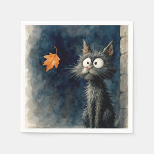 Scruffy Black Alley Cat mit Herbstleaf Serviette