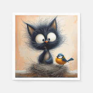 Scruffy mit Augen Katze, die einen Wurm für einen  Serviette