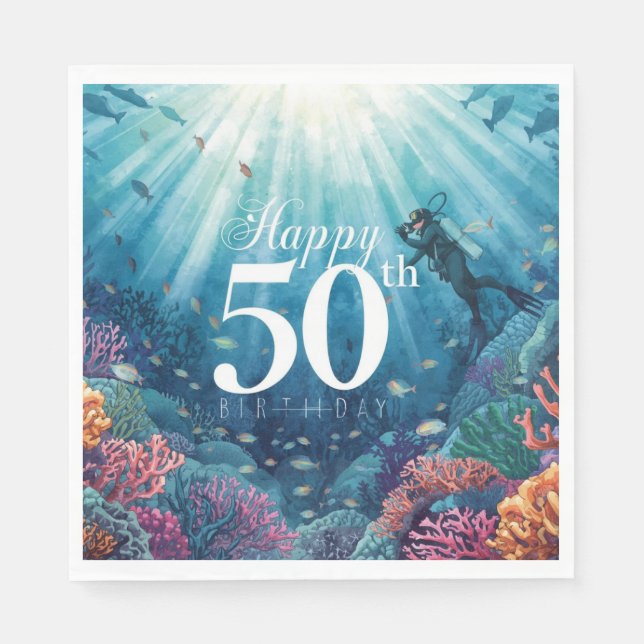 Scuba 50th birthday underwater birthday card  serviette (Vorderseite)