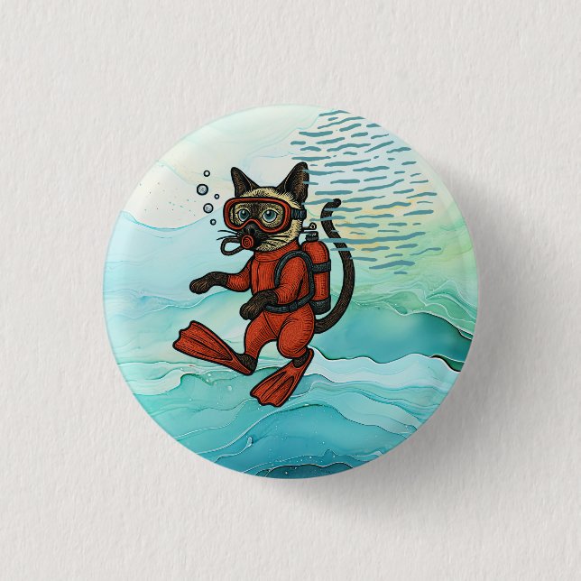 Scuba Cat taucht unter Wasser  Button (Vorderseite)