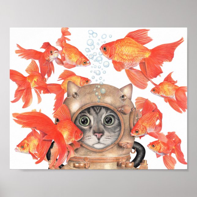 Scuba Cat unter den Fischen Poster (Vorne)