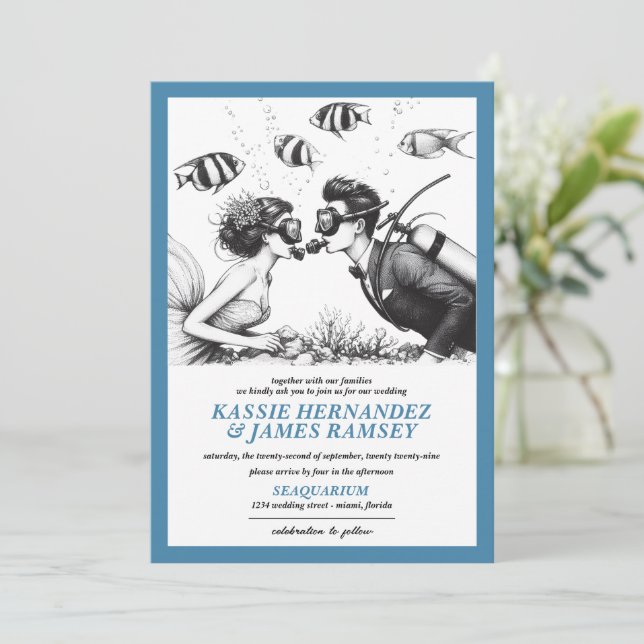 Scuba Couple Wedding Einladung (Stehend Vorderseite)