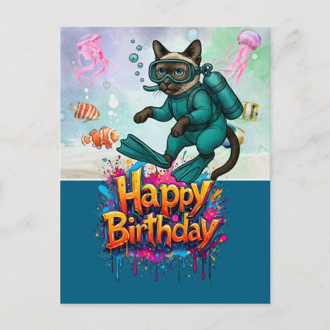 Scuba diver diving cat happy birthday  postkarte (Vorderseite)