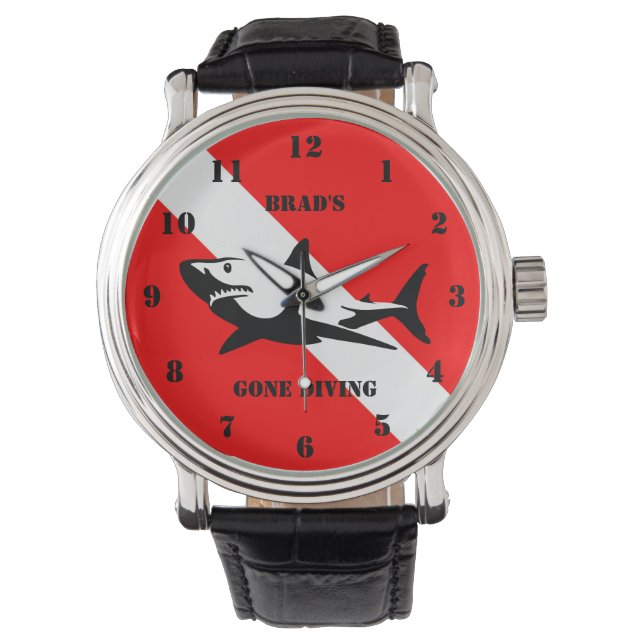 Scuba Diving Flag und Haifisch Custom Watch Armbanduhr (Vorderseite)