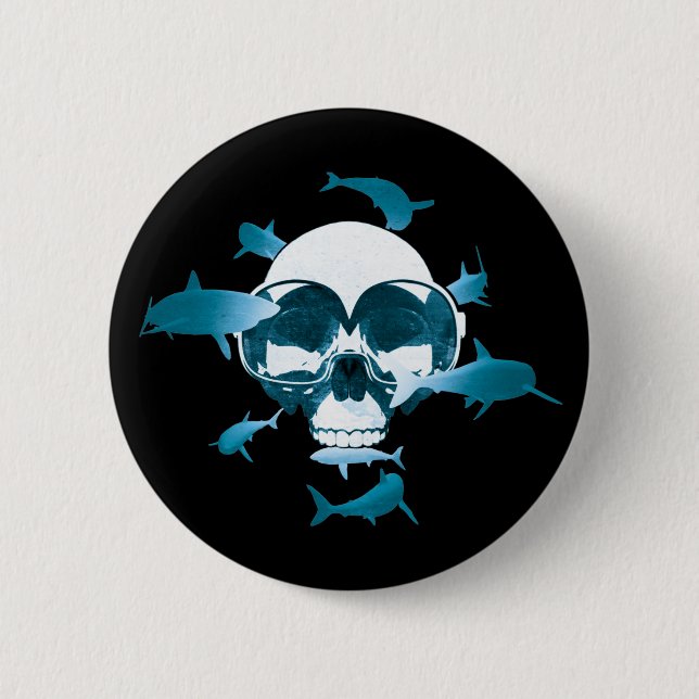 Scuba Diving Skull and Sharks Graphic Design Button (Vorderseite)