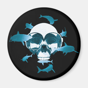 Scuba Diving Skull and Sharks Graphic Design Magnet