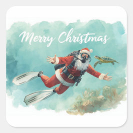 Scuba Santa Underwater Merry Christmas Quadratischer Aufkleber