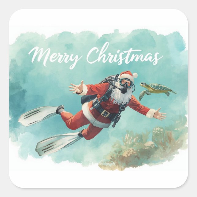Scuba Santa Underwater Merry Christmas Quadratischer Aufkleber (Vorderseite)