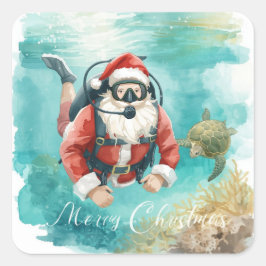 Scuba Santa Underwater Merry Christmas Quadratischer Aufkleber