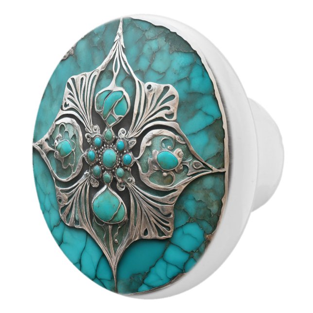 Sculpted Metal & Turquoise Modern Keramikknauf (Rechts)