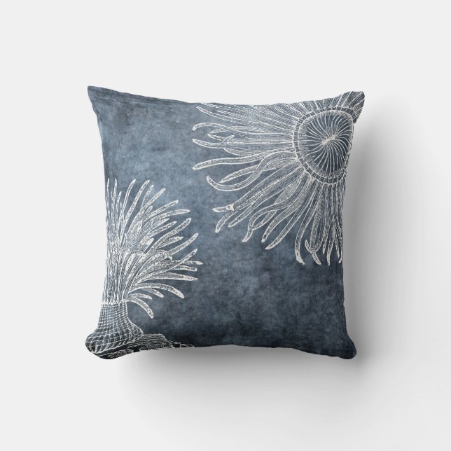Sea Anemone Wasserfarbe Ozean Marine Blau Weiß Kissen (Vorderseite)