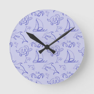 Sea animals and sailboat one line drawing pattern  runde wanduhr