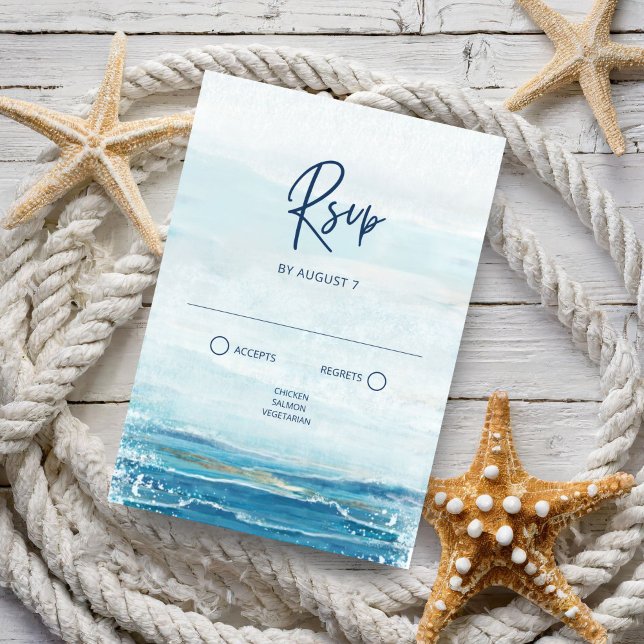 Sea Blue Beach Waves Coastal Wedding RSVP Karte (Von Creator hochgeladen)