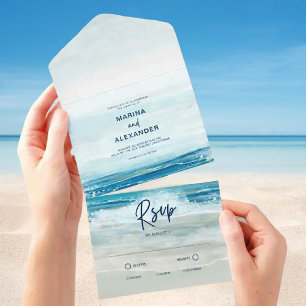 Sea Blue Beach Waves Wasserfarbenhochzeit All In One Einladung