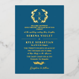 Sea Blue Gold Typografy Wreath Monogram Wedding Folieneinladung