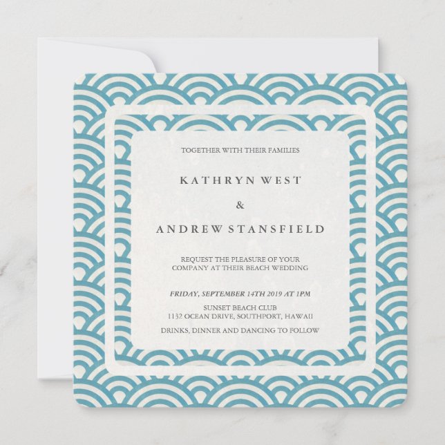 Sea Blue Green Stilisierte Waves Moderne Hochzeit Einladung (Vorderseite)