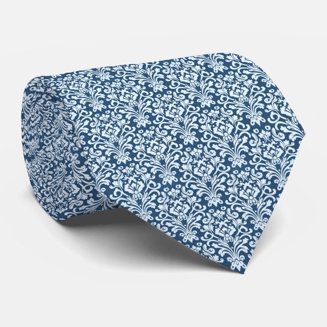 Sea Blue & Soft Pale Blue Baroque-style Damask  Krawatte (Gerollt)