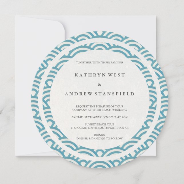Sea Blue Stilisierte Waves Elegant Beach Wedding Einladung (Vorderseite)