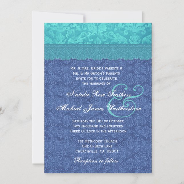 Sea Blue und Aqua Blue Damask Wedding G500F Einladung (Vorderseite)