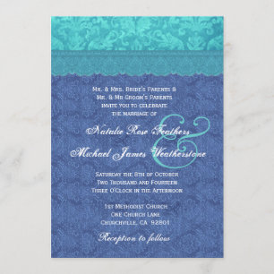 Sea Blue und Aqua Blue Damask Wedding G500F Einladung