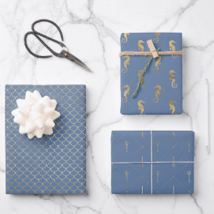 Sea Blue und Gold Seepferd Trident Mermaid Scales Geschenkpapier Set