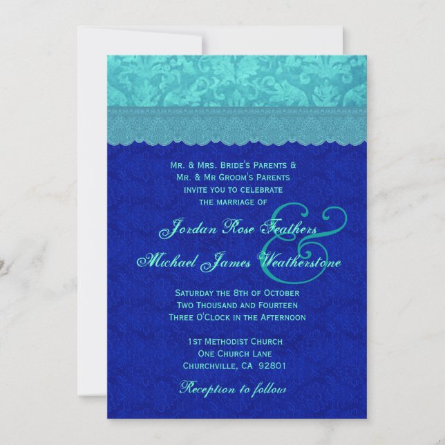 Sea Blue und Royal Blue Damask Wedding G500G Einladung (Vorderseite)